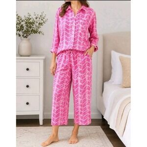 Lauren Ralph Lauren Pajama Set Womens L Pink Chevron Button Top Pants
